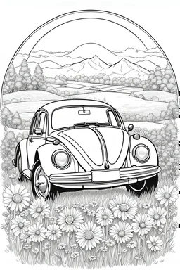 outline art for an adults coloring page, Volkswagen Beetle parked in a flower-filled meadow. Capture the Beetle's iconic rounded shape, daisy hubcaps, and the nostalgic vibe of the '70s. Add a clear sky and rolling hills for a peaceful setting , white background,detailed sketch style,no color , only use outline, clean art , white background, no shadows and clear well outlined,