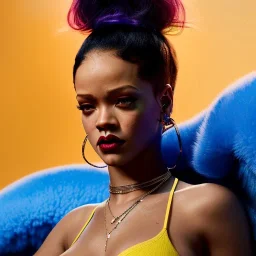 Rihanna as smurf with yellow flowers for hair,zoom eyes, closed eyes, rtx, reflection, 8k, glow, winning photography, caustics