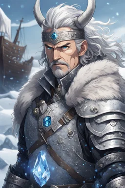 in anime style,1older man, a older man with blue eyes and black hair man in silver Viking armor with fur around the neck with blue crystal on his chest holding an axe in his hands standing on a pirate ship in the artic, warrior in anime style,