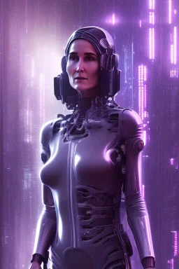 portrait, Carrie-Anne Moss matrix, cyberpunk city, cyberpunk theme