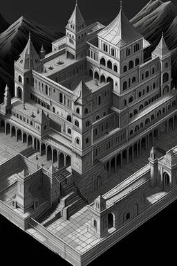 A gray monastery made out if steel painted by MC Escher
