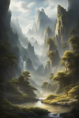 "Whispers of the Forgotten Valley" is a breathtaking landscape that beckons viewers to venture beyond the confines of the familiar and explore the hidden wonders of the natural world. Set against a backdrop of towering mountains and ancient forests, the scene unfolds with a sense of timeless beauty and serenity.