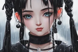 wednesday addams in 8k realistic anime drawing style, Dismal them, neon effect, close picture, rain, highly detailed, high details, detailed portrait, masterpiece,ultra detailed, ultra quality