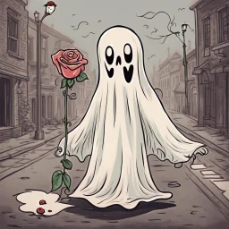 Vintage sheet Ghost animation, rubberhose drawing style, cute ghost with a rose alone on a street, cartoon art, hand drawn, cute horror, overexaggerated