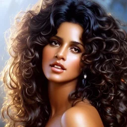 1980's sexy porno model , boobsie, cute, angelic face with minor blemishes, beautiful, long flowing hair, wavy hair, curly hair، black eyes, head and shoulders portrait, cinematic, 8k, resolution concept art portrait by Greg Rutkowski, Artgerm, WLOP, Alphonse Mucha dynamic lighting hyperdetailed intricately detailed, bokeh, Stunning 8k ektar film scan