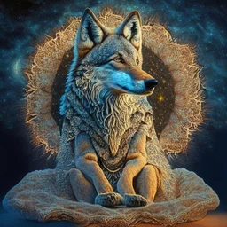 celestial psychedelic wolf made of fractals wearing a mexican jacket sitting on a giant mushroom in between stars, extatic, happy