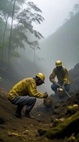 African workers in a cave digging for gold in cloudy fog forest