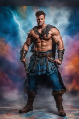 Connor Macleod, the Highlander, extremely huge, overexaggerated muscles, posing and flexing in a front of the camera, random extreme action poses, an extremely colorful, multicolored foggy blue marble wall in the background with a colorful marble tile floor, multicolored lightning, realism engine,