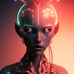 Demon girl, lumen lighting, led lights, <hanging wires> many wires connected to the head<perfect pupil> <cyborg> <garage> <sci-fi futuristic>