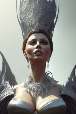 Sophia Loren as evil queen in black leather, cleavage, angry, stern look. character design by cory loftis, fenghua zhong, ryohei hase, ismail inceoglu and ruan jia. unreal engine 5, artistic lighting, highly detailed, photorealistic, fantasy