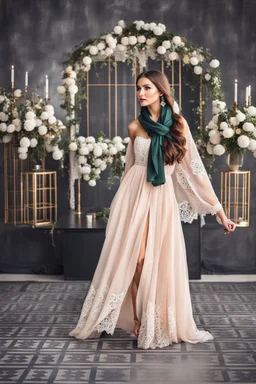 full body of very beautiful girl maxi dress and blouse , standing in studio pretty makeup,perfect face ,long lace scarf