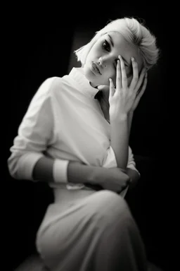 Mujer rubia mirando con la cabeza baja hacia su derecha iluminada, retrato medio cuerpo, iluminada potentemente desde el lado derecho, blanco y negro vaporoso, al estilo del fotógrafo Hugo Alonso