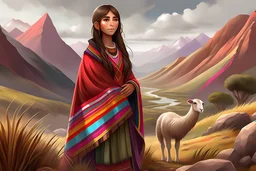 Digital art, high quality, digital masterpiece, natural illumination, realistic, (full body:1), (1 Peruvian girl:1.2), (Brown hair:1.2), (Cute eyes:1), Peruvian clothes, Peruvian Poncho, Peruvian Valley, (Rainbow Mountain:1), (Vinicunca:1), (alpacas at background:1.2)