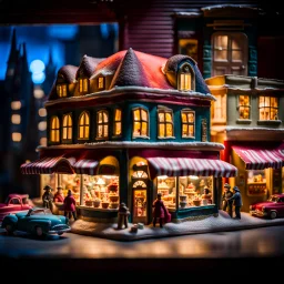 Close-up photograph of a diorama building, city, store, advertising, land-of-toys with detailed vintage toys made of cake-frosting and felt, strong texture, extreme detailed, movie shot, rich moody colors, sparkles, night, nightmare