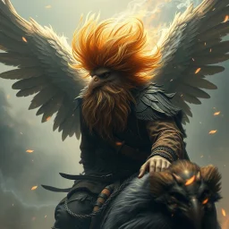 air is charged with magic around a bird rider with wings and beard and hair is full of feathers