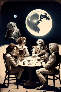 Captain Janeway, Einstein, Leonardo Davinci, Plato, and Amelia Earhart playing cards while drinking coffee sitting on the surface of the moon with Earth in the background