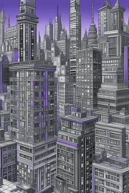 Fine lines draw of a dream city , nyc building , gray and only one building painted dark purple