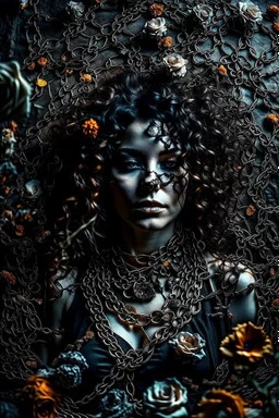 abstract creation of a beautiful girl with black curly hair, surrounded by black roses, thick metal chain broken, glass petals on the ground, autumn colours,dried out thorn bush, chaos,