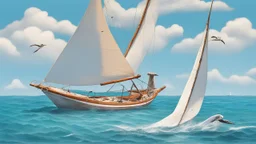 A small, brightly colored sailboat with a billowing white sail cuts through a turquoise ocean. The wind fills the sail, causing the boat to lean slightly. In the distance, fluffy white clouds drift across a clear blue sky. One majestic brown pelican with a large pouch full of water flies gracefully above the boat. The image evokes a sense of calm adventure, the refreshing scent of the ocean breeze, and the abundant wildlife. The style is as if a 5 year old did it with paint.