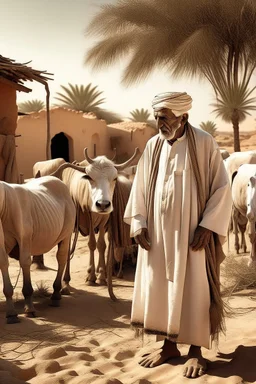 old man, Arab, turban, white clothes, cattle, desert, council, sun, palm trees, mud houses