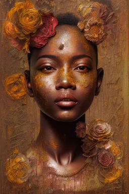 an abstract painting of rusted metal and flowers, african portrait, rust, scaffolding, iron cladding, decay, mixed media, textured, anatomically correct, beautiful perfect face, sharp focus, highly detailed