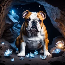 Hyper Realistic bulldog guarding silver crystals with fireflies in a cave at night