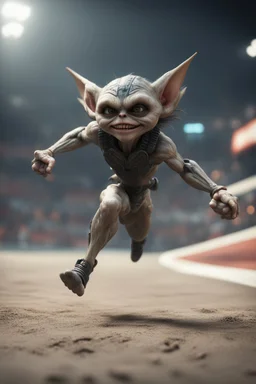 hyper fast gremlin long jump with javelin in the Olympics in the style of Giger and fallout 4 ,,bokeh like f/0.8, tilt-shift lens 8k, high detail, smooth render, down-light, unreal engine