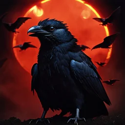 "Generate a high-resolution image of a very macabre crow. The scene should be set in dim, shadowy lighting, giving the atmosphere a dark and eerie feeling. The crow should have sinister, menacing features, with ragged feathers, sharp talons, and piercing eyes that glow faintly. Ensure that the background is ominous, perhaps with hints of fog or a moonlit graveyard, adding to the overall spooky ambiance. The entire image should convey a sense of dread and mystery." resolution 60k