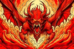 coloring page of menacing demon engulfed in fiery rage, with its fiery wings
