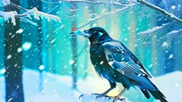 Capture a compelling image of a crow wearing a full leather jacket within a snowy Christmas atmosphere. Embrace a minimalist collage style. Ensure the composition highlights the crow's distinct presence against the backdrop of a white Christmas ambiance, creating a visually minimalist scene.