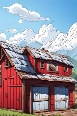 video game cartoon image art of a red barn with a blue sky and the sun and clouds with mountain in the background