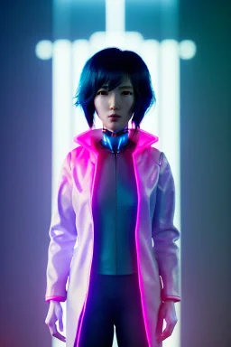 portrait, Asian cyborg woman, ghost in the shell style :: symmetry photography, cyberpunk, pink hair, makeup, long line eye, light iris, :: latex coat, wires and circuits, pink, white, black :: cinematic, Ultra realistic, dark scene, soft color, highly detailed, unreal engine 5, RTX, ultra detail, 3d, finely drawn, high definition.