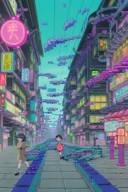 A kinetic still from a chase scene in Gastown, showing Yui and Toshi navigating through a maze of unpredictable, odd tech. Unstable portals open and close randomly, buildings shift and transform in real-time, and drones with morphing geometries pursue them. The neon-lit, chaotic tech-scape adds a surreal dimension to their escape.