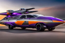 a military fighter jet station wagon hybrid silver and black and orange and purple paint job metallic