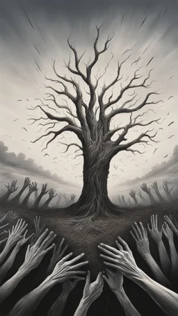 a field of thousands men with hands are up rising up from the ground not visible, horror, hands in different shapes coming out from the ground towards the sky Busch painting style nightmare and thin line draw, a dry tree with out branches in the middle