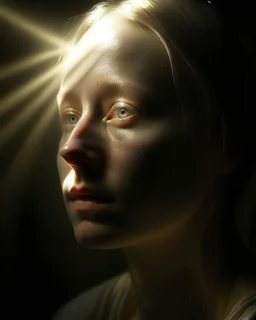 A pale - skinned figure with a single tear rolling down its cheek, illuminated by a beam of otherworldly light, creating a somber atmosphere. --ar 9:16