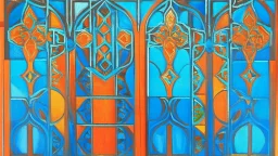 semi-abstract painting, triptych with 3 gothic_arab gates in blue, turquoise and orange