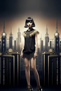 full body picture of a skinny woman with a bob, a fringe black hairstyle, 1920s flapper clothing, futuristic city background