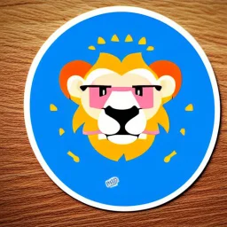 A sticker design in a minimalistic style featuring a caricature lion in vivid colors. The subject is presented alone on a neutral background.