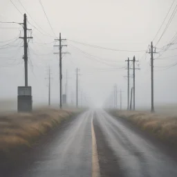 An empty road on a misty day. Telegraph poles and wires. Muted tones. Tilted horizon. With blotches, blurry areas and lens noise and grain. Hyper realistic Photo 4k