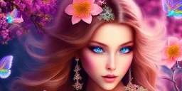 bright fairy, beautiful portrait, flowery landscape