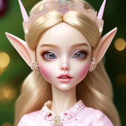 close up on elf as dollie deluxe, bright eyes, post card, toy train, front teeth, skin imperfection, princess tiara