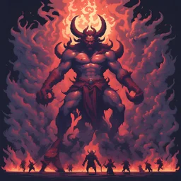 Divindade do chaos, um demônio pisando em seus inimigos, arte em pixel