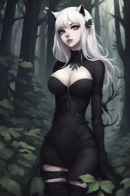 CAT GIRL, goth, forest, nature, cartoon, leaves, half black half white hair, boobs