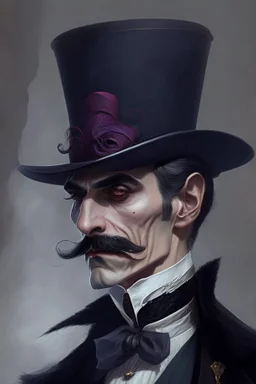 Strahd von Zarovich with a handlebar mustache wearing a top hat thinking deeply