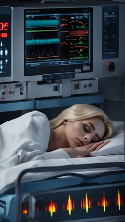 photorealistic hyperdetailed very small young woman with blonde hair lying asleep on a hospital large bed with a heart monitor and tubes attached