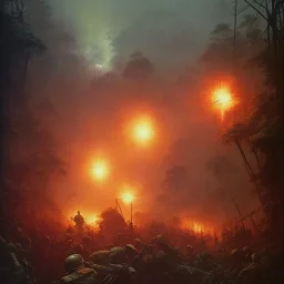 vietnam war. war report. napalm in jungle. bokeh. lens flare. warm lights. high detailed. beksinski