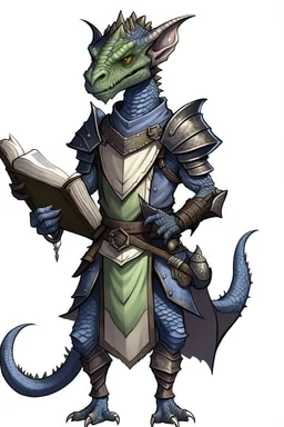 Kobold from dnd, grey diamond - shaped scales, magic book, leather armor