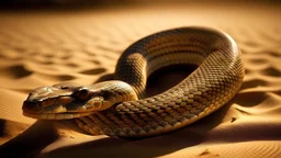 Highly detailed medium shot of a snake, sand, hot, scales, tail, rattle, sun