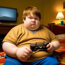 A Obese kid with light brown hair, light skin. Playing Games all day, He has not seen daylight in two months